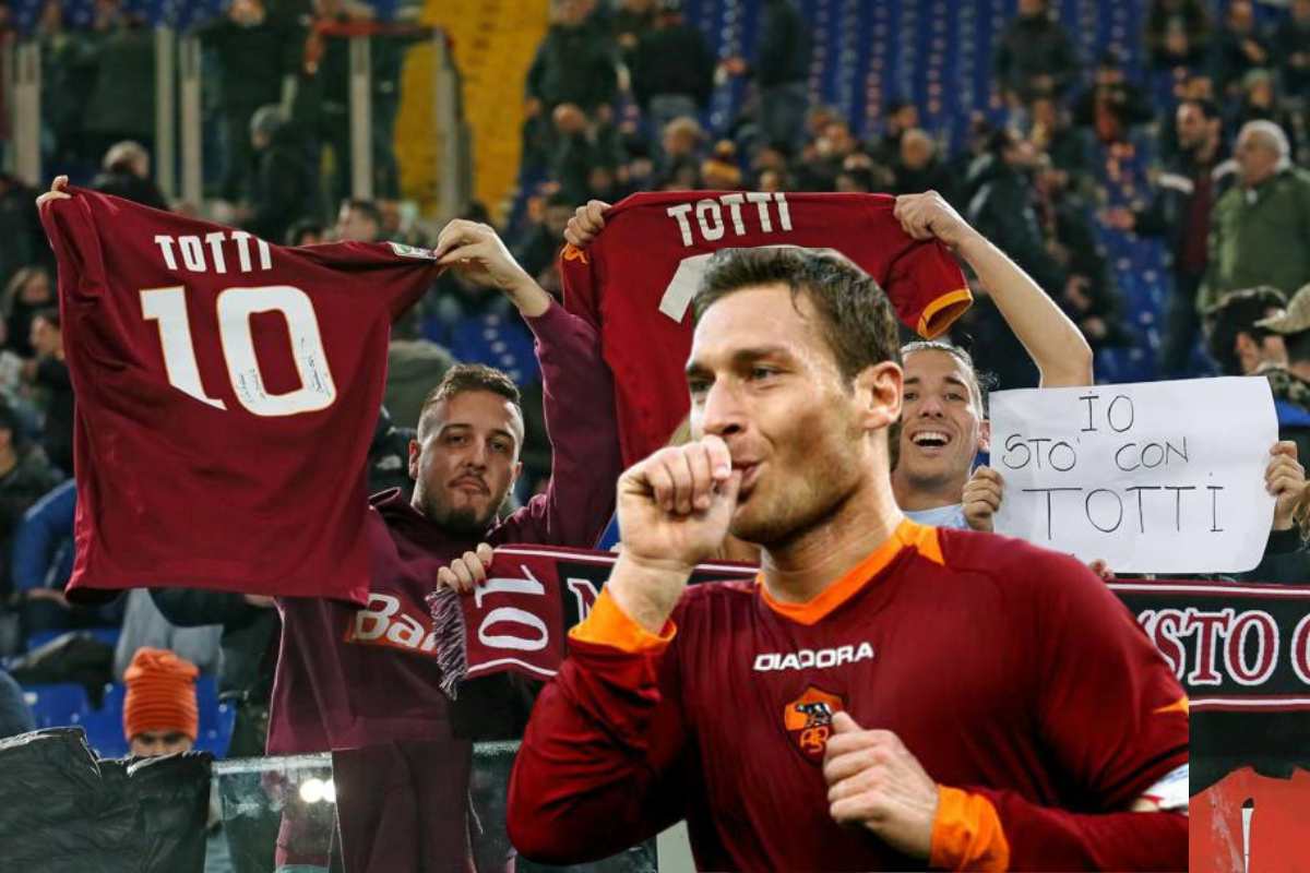 tifosi della roma con maglia totti in mano e francesco totti